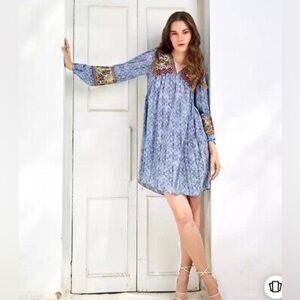 Anthropologie Bhanuni by Jyoti Linne Embroidered Blue Mini Dress size XS